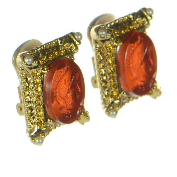 Vintage Kenneth Jay Lane KJL Pearl & Gold Carved Earrings - Picture 2 of 10